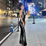 Elegant Shiny Satin Prom Dress Halter-neck Evening Gown Sheath Party Dress Long Formal Dress HZ1024