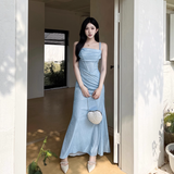 Vintage Shiny Light Blue Spaghetti Strap Mermaid Long Summer Dresses Prom Dress Evening Dress HZ1024