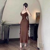 New Simple Fashion Black Brown Slim-fit Spaghetti Strap Dress HZ1024