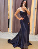 Navy Blue Mermaid Spaghetti Strap Lace Satin High Split Long Prom Dresses HZ1024