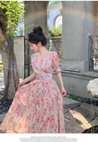 New Fashion Pink Floral Design Short Sleeves V-neck A-Line Women Long Dress HZ1024