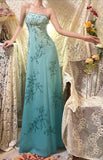 Vintage Gradient Blue Beaded Evening Gown Sheath Spaghetti Strap Party Dress Long Formal Dress HZ1024