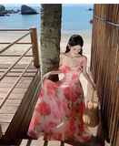 New Simple Pink Floral Design A-Line Beach Holiday Spaghetti Strap Dress HZ1024
