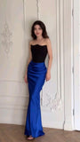 Elegant Mermaid Blue Off-the-shoulder Strapless Satin Long Ball Gown HZ1024