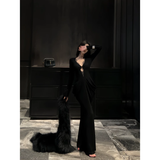 New Sexy V-neck Black Mermaid Long-sleeved Dress HZ1024