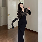 Women New Sexy Black Lace Long-sleeved Dress HZ1024