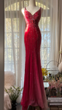 Retro Red V-neck Sparkling Beaded Mermaid Chiffon Ball Gown Evening Dress Prom Dress HZ1024