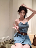 Cute Bow Design A-Line Strapless Denim Short Dress HZ1024
