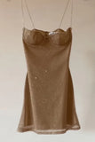 Cute Khaki Sequin Spaghetti Strap Sheath Short Party Dress Cocktail Dress Homecoming Dress HZ1024