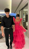 Vintage Hot Pink A-Line Prom Dress Long Sweetheart Evening Dress Chiffon Tiered Formal Dress HZ1024