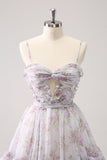 Vintage A-Line Homecoming Dress Spaghetti Straps Ruffled Floral Print Tiered Cocktail Dress HZ1024