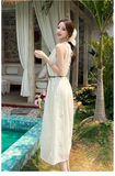 Simple Fashion White Sleeveless Design Beach Holiday A-line with Belt Jacquard Halter Dress HZ1024