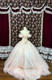 Vintage Pink Sweetheart Off-the-shoulder Tulle Beaded Quinceanera Evening Dress Ball Gown HZ1024