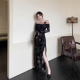 Elegant Black Party Slim-fit Split Dress One-shoulder Long-sleeved Dress HZ1024