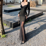 Women Simple Elegant Black Mesh Long-sleeved Dress HZ1024