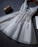 Vintage Gray Applique Design A-line Tulle Party Dress Homecoming Dress HZ1024
