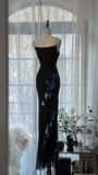 Retro Black Floral Spaghetti Strap Design Romantic Chiffon Evening Dress Prom Dress HZ1024