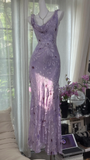 Vintage Light Purple Floral Applique Mermaid Cowl Neck Design Satin Prom Dress Evening Dress HZ1024