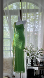 Vintage Shiny Sequin Green Spaghetti Strap Design A-line Romantic Chiffon Evening Dress Prom Dress HZ1024
