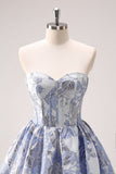 Retro Fashion Blue Corset Design Strapless Mini Party Dress Floral Homecoming Dress HZ1024
