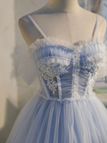 Vintage Light Blue Applique Sweetheart Spaghetti Strap Design A-line Tulle Party Dress Homecoming Dress HZ1024
