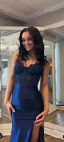 Navy Blue Mermaid Spaghetti Strap Lace Satin High Split Long Prom Dresses HZ1024