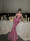 Vintage Pink Floral Strapless Mermaid Design Elegant Prom Dress Evening Dress HZ1024