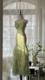 Elegant Green Fairy Mermaid Long Chiffon Spaghetti Strap Ball Gown Evening Dress Prom Dresses HZ1024