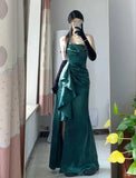 Elegant Dark Green Strapless Ruffle High Slit Mermaid Long Prom Dress Party Dress Evening Dress HZ1024