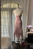 Retro Pink Sparkling Beaded Spaghetti Strap Romantic Chiffon Evening Dress Prom Dresses HZ1024