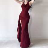 Retro Burgundy/Black Halter-neck 3D Flower Sheath High Slit Long Summer Dresses Prom Dress Evening Dress HZ1024