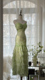 Elegant Green Fairy Mermaid Long Chiffon Spaghetti Strap Ball Gown Evening Dress Prom Dresses HZ1024