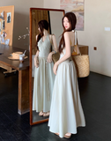 Simple Fashion Beige V-neck Design Beach Holiday A-line with Belt Halter Dress HZ1024
