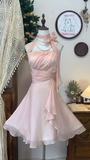 Retro Pink Design Halter Dress A-line Chiffon Elegant Homecoming Dress Birthday Dress Party Dress HZ1024