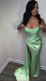 Elegant Satin Strapless High Slit Mermaid Long Prom Dress Party Dress Evening Dress HZ1024