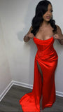 Elegant Satin Strapless High Slit Mermaid Long Prom Dress Party Dress Evening Dress HZ1024