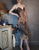 Retro Brown V-neck Beaded Spaghetti Strap Appliqued Design Elegant Satin Evening Dress Prom Dress HZ1024