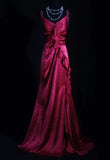 Vintage Fuchsia Satin Beaded Evening Gown Sheath Ruffled Party Dress Long Formal Dress HZ1024