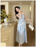 New Fashion Blue Stripe Design A-line Lace Spaghetti Strap Dress HZ1024