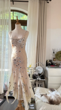 Vintage Beige Spaghetti Strap Beaded Design Romantic Chiffon Evening Dress Prom Dress HZ1024