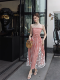 New Fashion Red Plaid Lace Patchwork Design Beach Holiday A-line Sleeveless Strapless Dress HZ1024