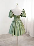 Retro Green Sweetheart Short-sleeved Lace-up Design A-line Satin Party Dress Homecoming Dress HZ1024