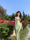 Vintage Green Floral Mermaid Spaghetti Strap Design Satin Prom Dress Evening Dress HZ1024