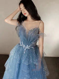 Vintage Blue Beaded Design Elegant A-Line Chiffon Tulle Evening Dress Prom Dress HZ1024