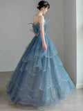Vintage Blue Beaded Design Elegant A-Line Chiffon Tulle Evening Dress Prom Dress HZ1024