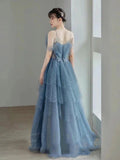 Vintage Blue Beaded Design Elegant A-Line Chiffon Tulle Evening Dress Prom Dress HZ1024