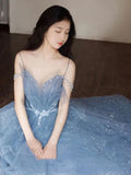 Vintage Blue Beaded Design Elegant A-Line Chiffon Tulle Evening Dress Prom Dress HZ1024