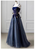 Vintage Navy Blue A-Line Evening Gown Star-studded Spaghetti Strap Party Dress Long Formal Dress HZ1024