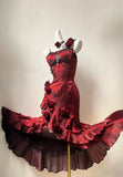 Beautiful Burgundy Spaghetti Strap 3D Rosette Detachable Flounce Sleeves Design Satin Prom Dress Evening Dress HZ1024