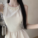 Fashion Beige Sleeveless Pearl Beading Design A-line Homecoming Dress HZ1024